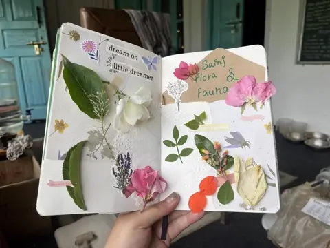 A pressed flora and fauna journal spread from the Sainj retreat